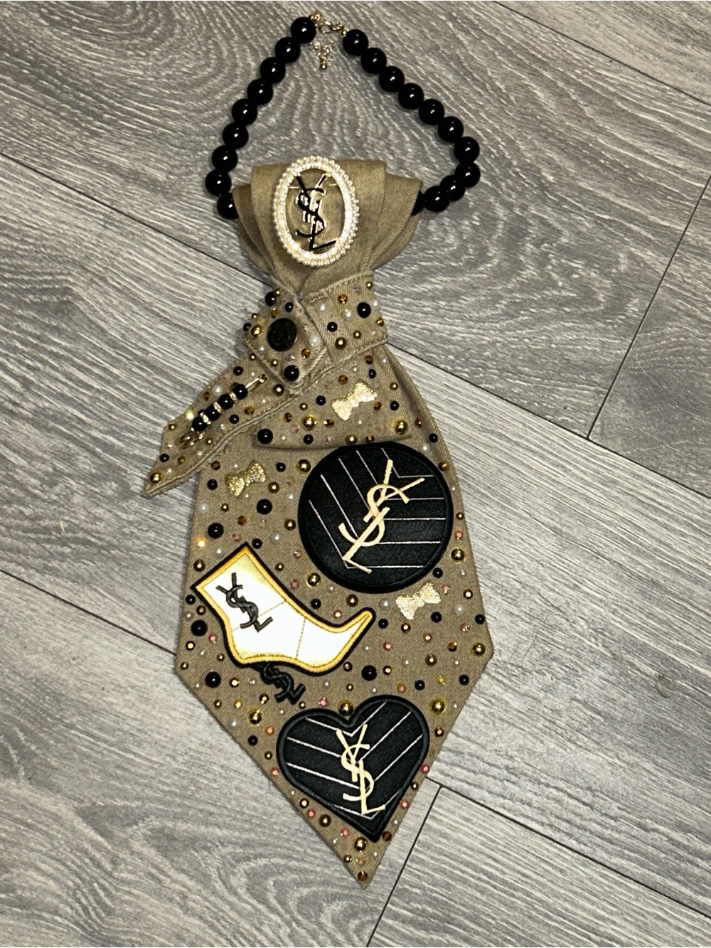 Custom Upcycled Khaki Denim with Gold and Black Embellishments Necktie - Picture 2 of 4